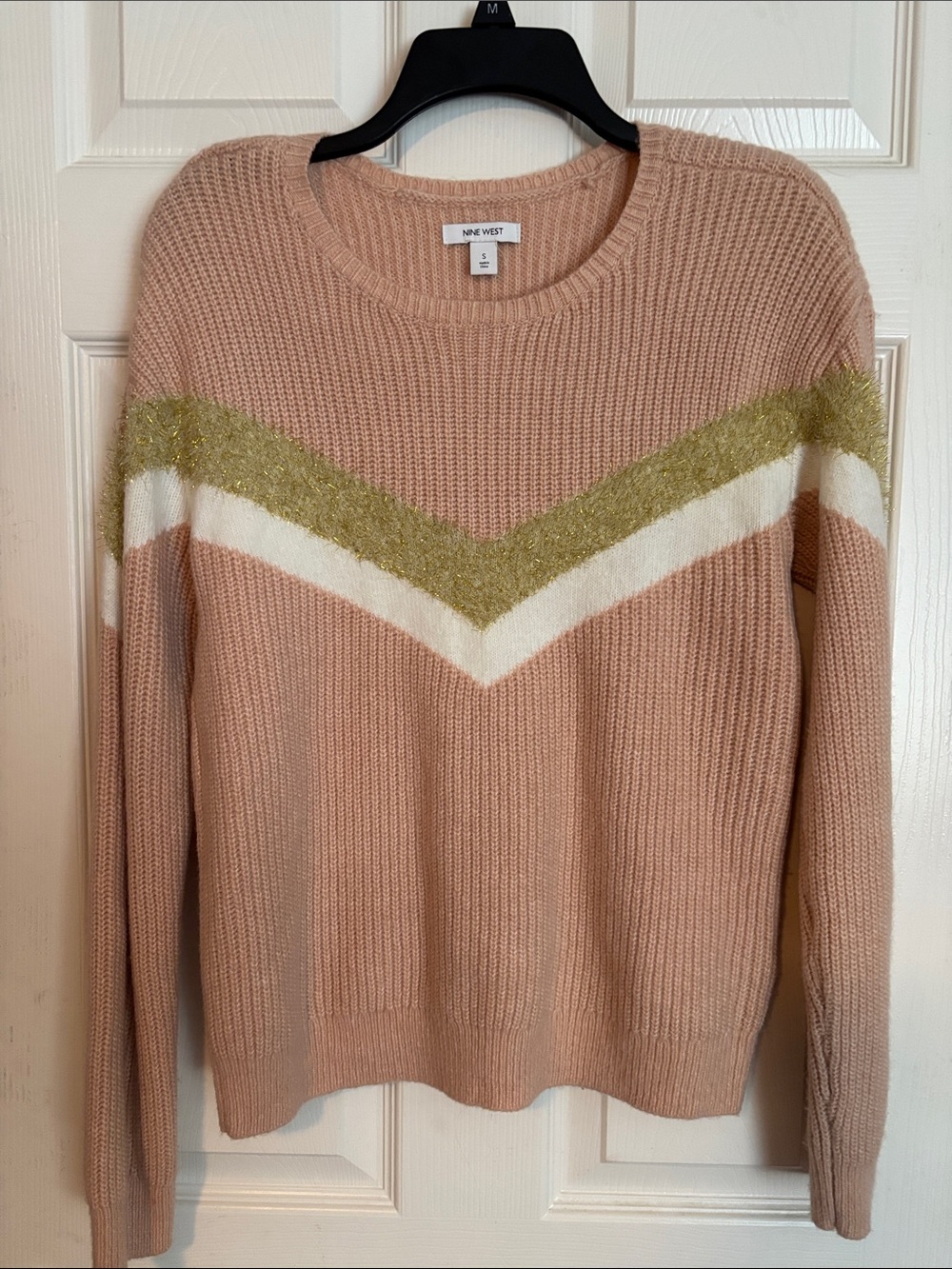 Nine West Blush Pink Crewneck Sweater with White and Metallic Gold Chevron